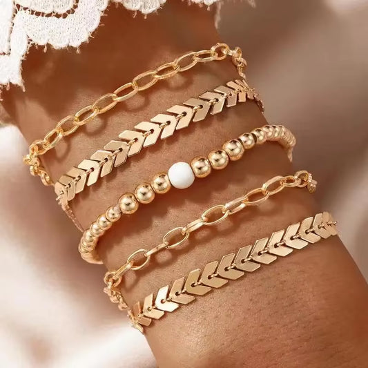 Set of 6 Trendy Floral Tassel Round Bead Bracelets for Women