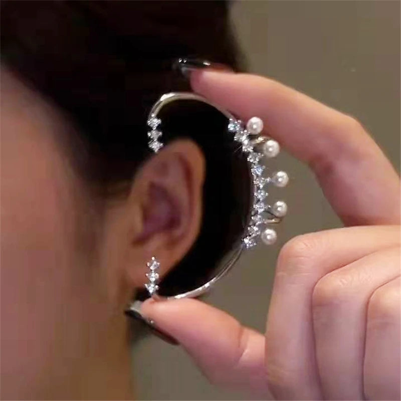 Shiny Zircon Pearl Ear Cuff for Women | Sterling Silver Coated Metal 