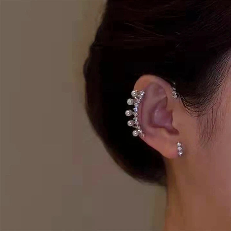 Shiny Zircon Pearl Ear Cuff for Women | Sterling Silver Coated Metal 