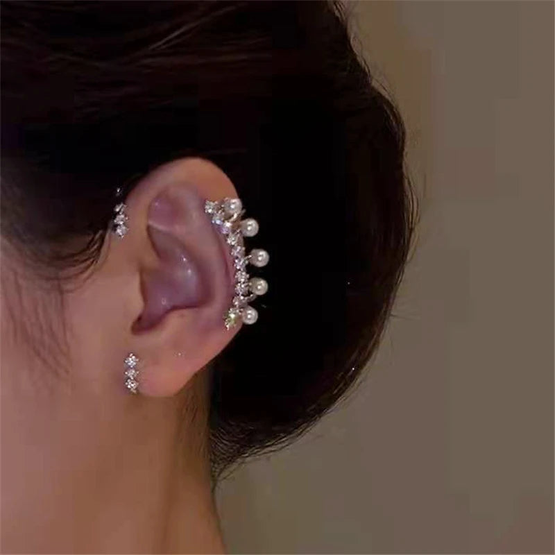 Shiny Zircon Pearl Ear Cuff for Women | Sterling Silver Coated Metal 