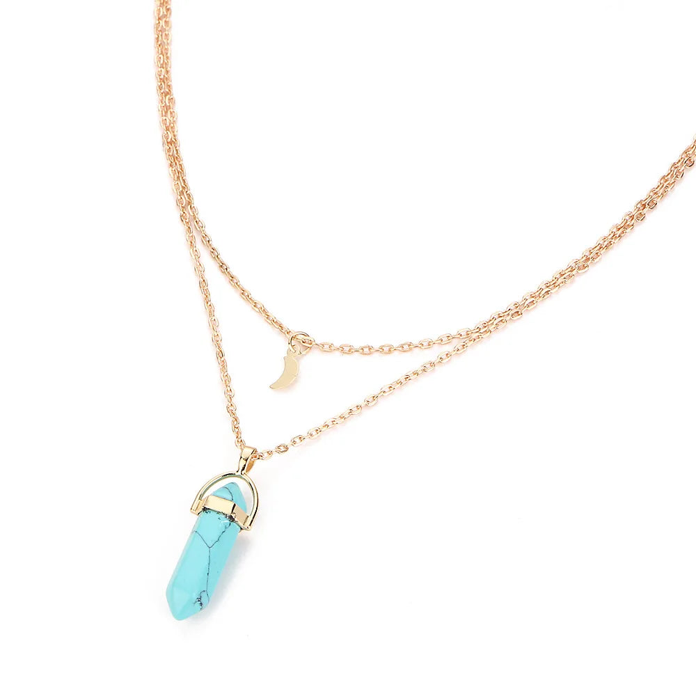 Natural Hexagon Moonstone With Moon Pendent | Double Golden Chain | Elegant Accessory