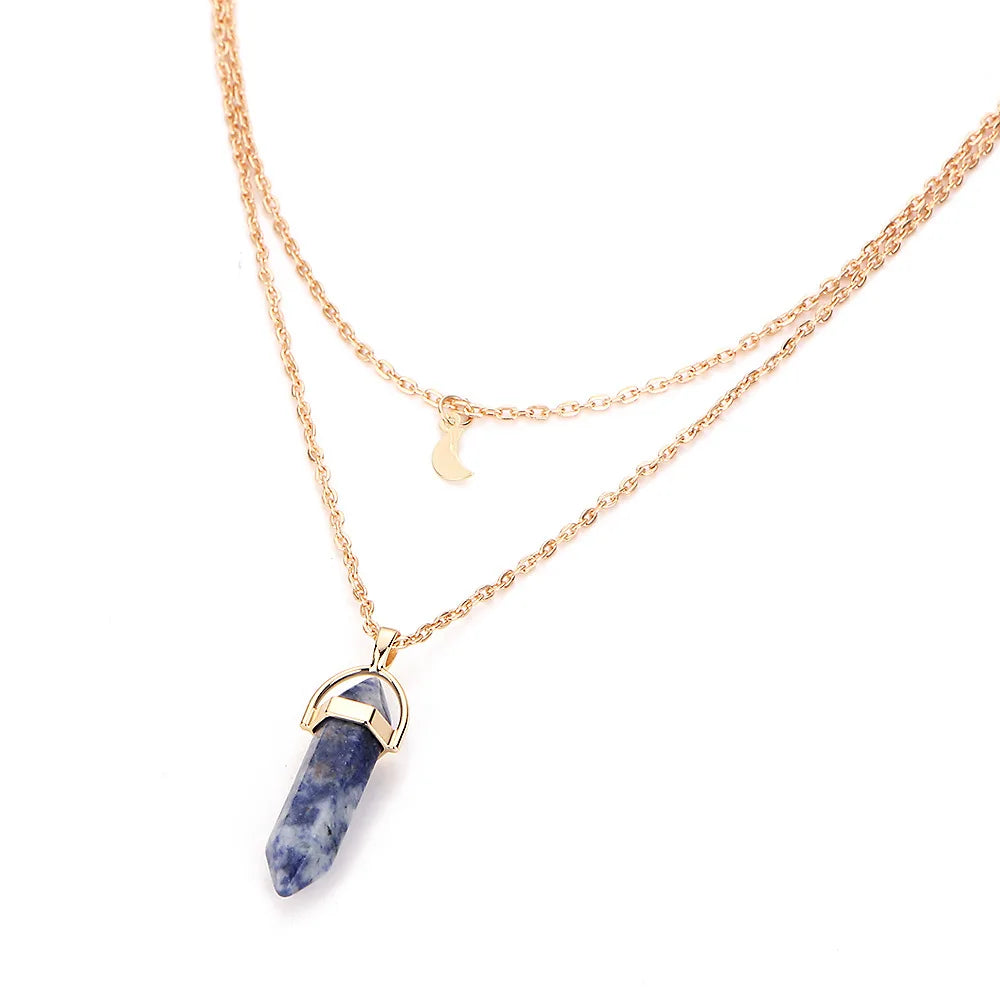 Natural Hexagon Moonstone With Moon Pendent | Double Golden Chain | Elegant Accessory