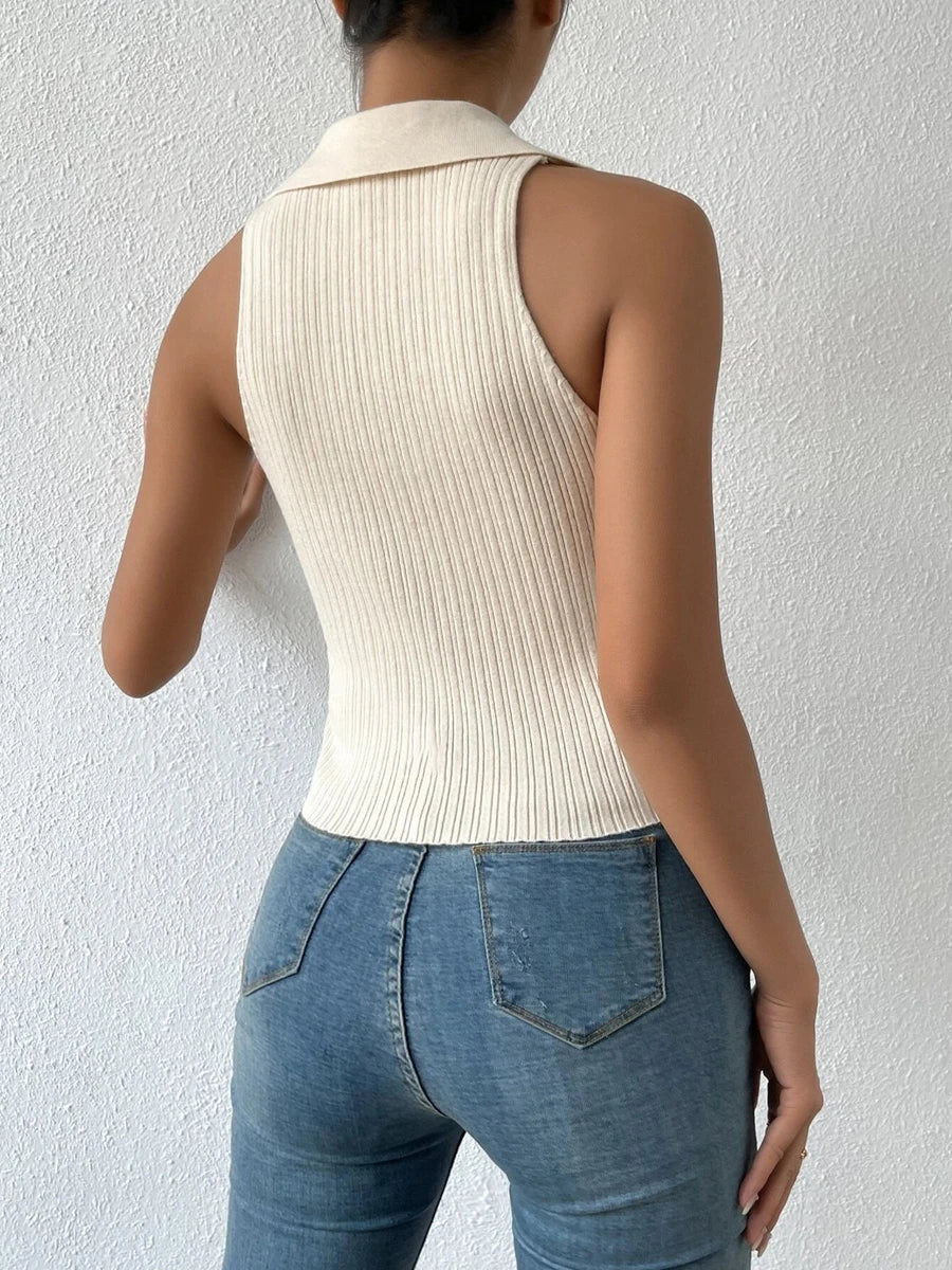 Collared | Sleeveless | Ribbed Knit Tops