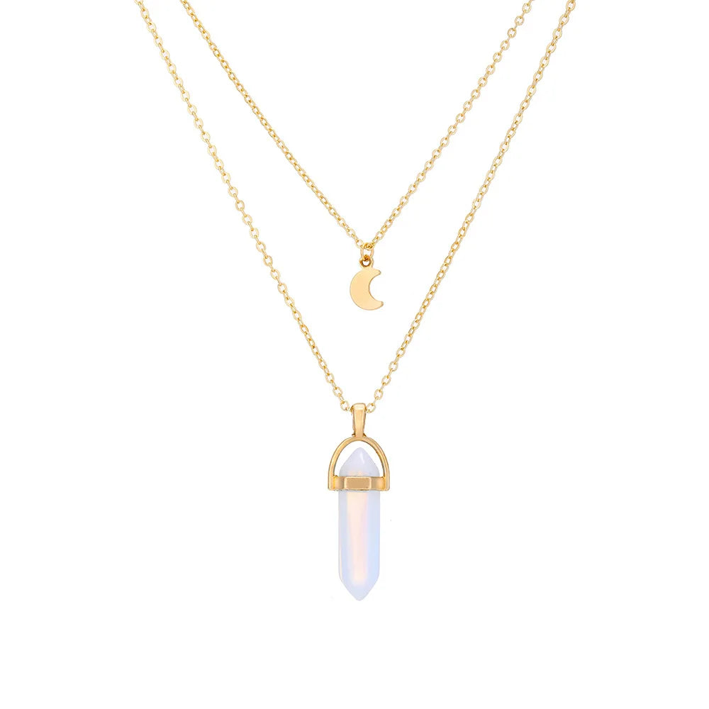 Natural Hexagon Moonstone With Moon Pendent | Double Golden Chain | Elegant Accessory